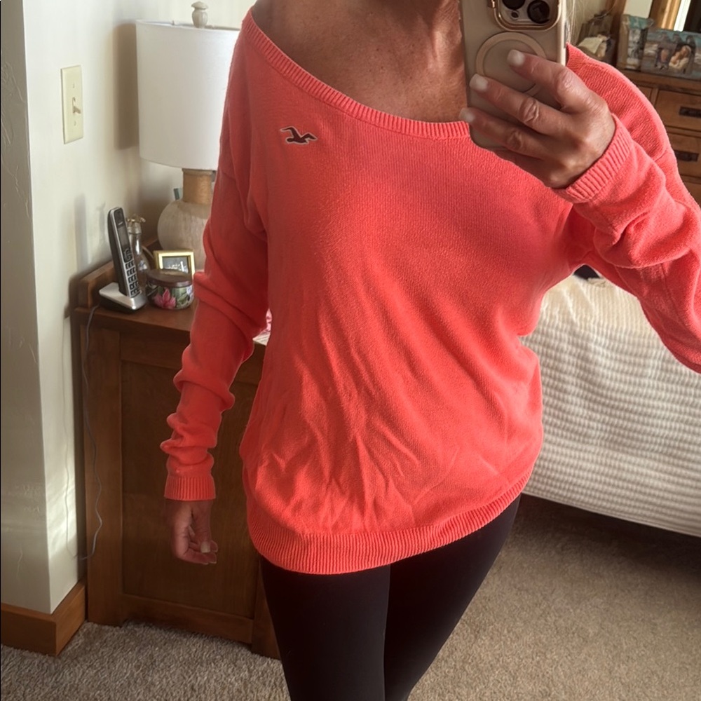 Hollister Coral Off-the-Shoulder Knit Sweater